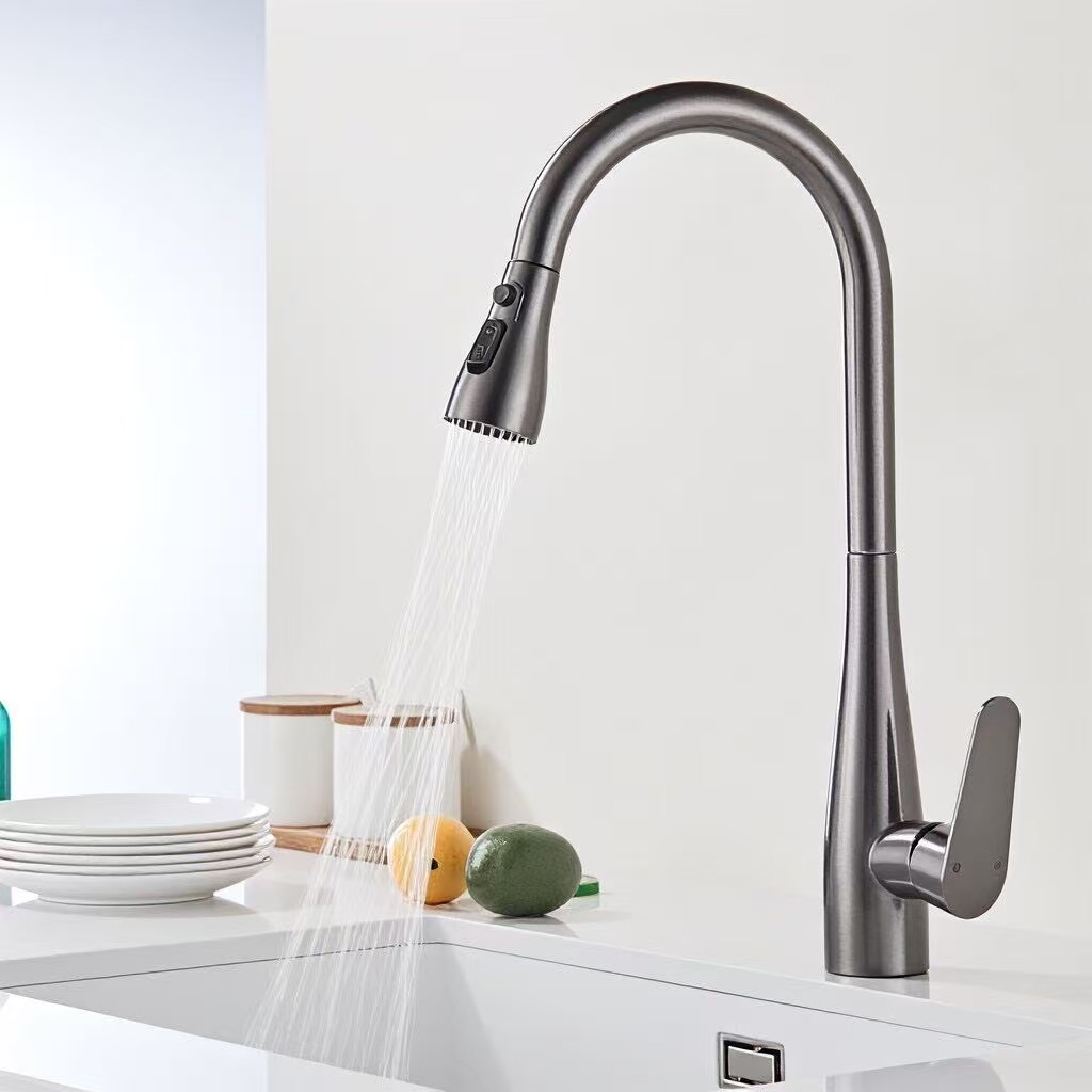Gunmetal Gray High-Arc Gooseneck Hot And Cold Kitchen Pull-Out Faucet